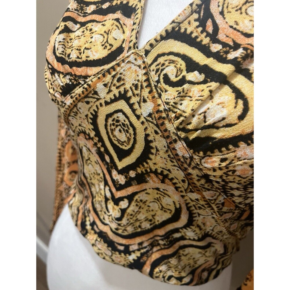 Free People Golden Yellow Orange Boho Paisley V-neck Crop Top Blouse X-Small - Picture 6 of 13